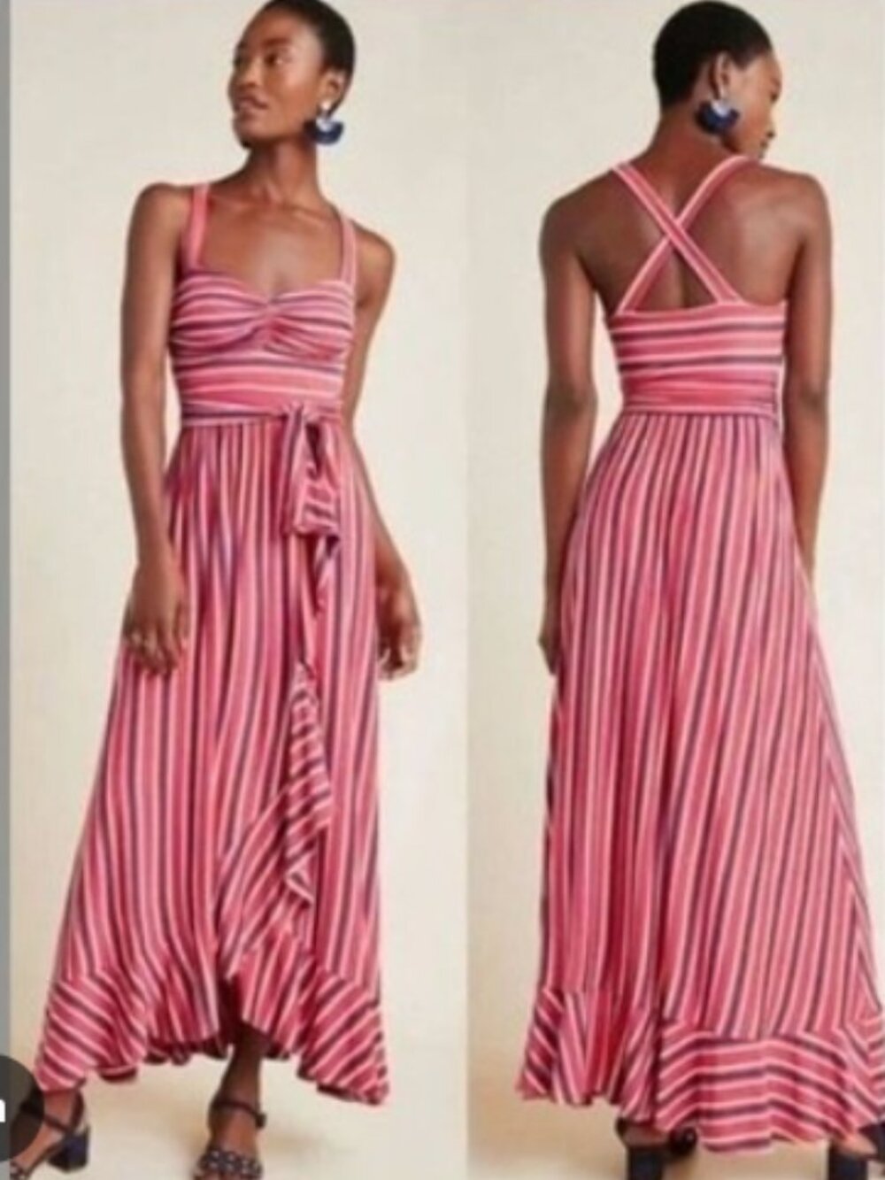 Anthropologie Maeve Gabriela Ruffle Wrap Maxi Dress XL Pink Purple Striped Boho